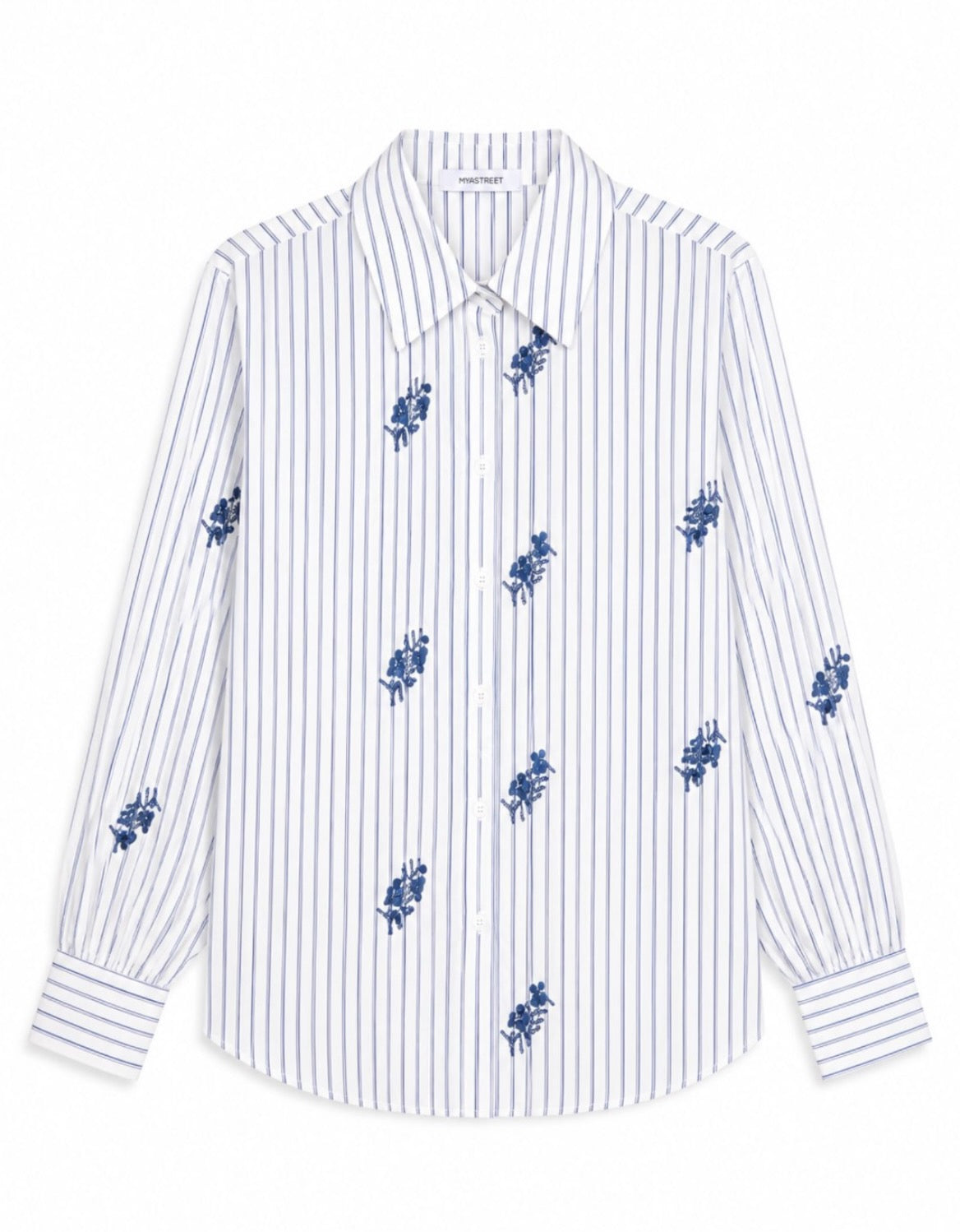 Camicia rigata con ricami floreali in paillettes
