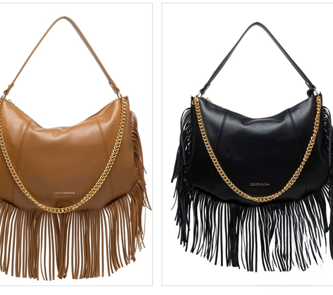 Borsa a spalla con frange e catena dorata
